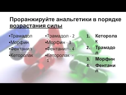 Проранжируйте анальгетики в порядке возрастания силы Трамадол Морфин Фентанил Кеторолак