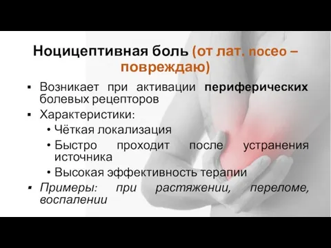 Ноцицептивная боль (от лат. nocеo – повреждаю) Возникает при активации