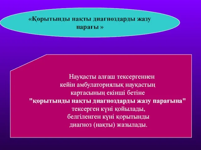 «Қорытынды нақты диагноздарды жазу парағы » Науқасты алғаш тексергеннен кейін