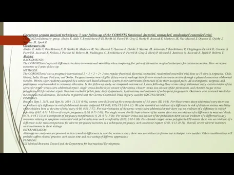 Caesarean section surgical techniques: 3 year follow-up of the CORONIS