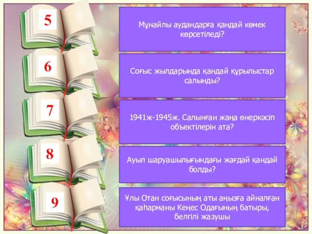 5 Мұнайлы аудандарға қандай көмек көрсетіледі? 6 Соғыс жылдарында қандай