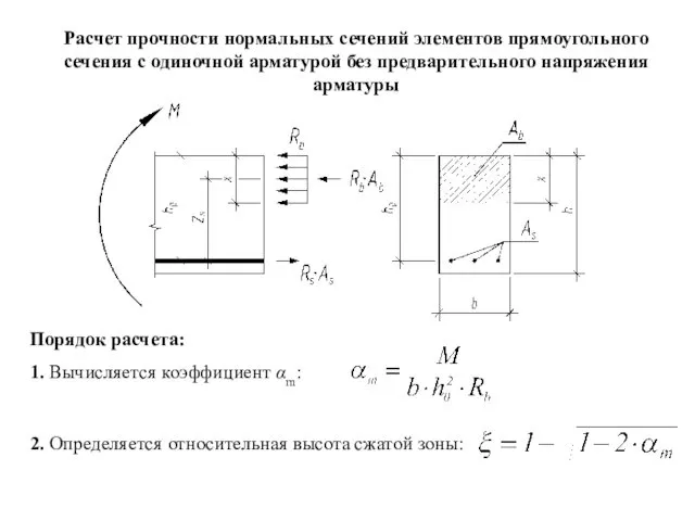 Расчет прочности нормальных сечений элементов прямоугольного сечения с одиночной арматурой без предварительного напряжения