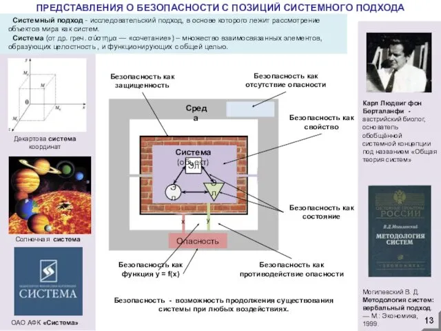 ПРЕДСТАВЛЕНИЯ О БЕЗОПАСНОСТИ С ПОЗИЦИЙ СИСТЕМНОГО ПОДХОДА Системный подход -