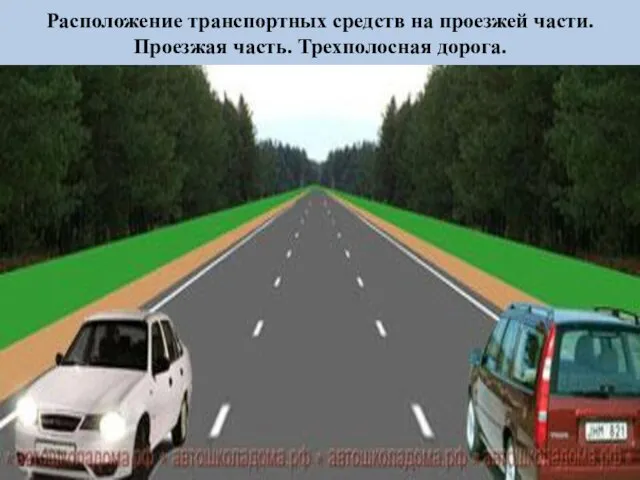 Расположение транспортных средств на проезжей части. Проезжая часть. Трехполосная дорога.