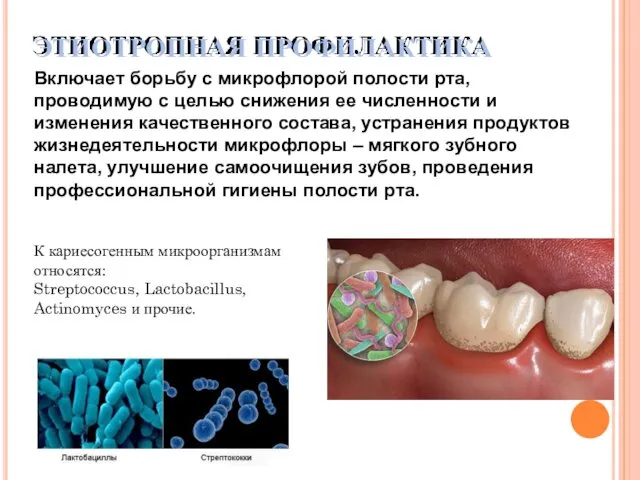 ЭТИОТРОПНАЯ ПРОФИЛАКТИКА Включает борьбу с микрофлорой полости рта, проводимую с