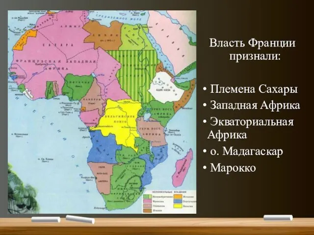 Власть Франции признали: Племена Сахары Западная Африка Экваториальная Африка о. Мадагаскар Марокко