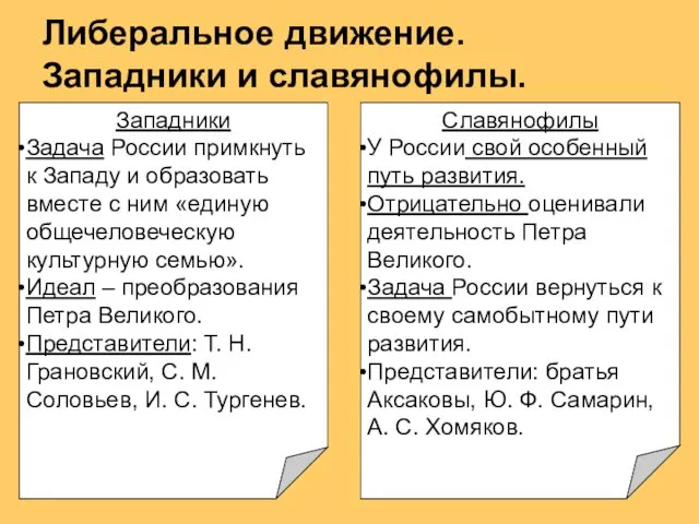 Либеральное движение. Западники и славянофилы. Западники Задача России примкнуть к