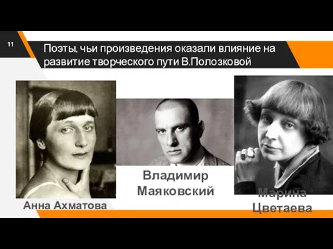 Поэты, чьи произведения оказали влияние на развитие творческого пути В.Полозковой Анна Ахматова Владимир Маяковский Марина Цветаева