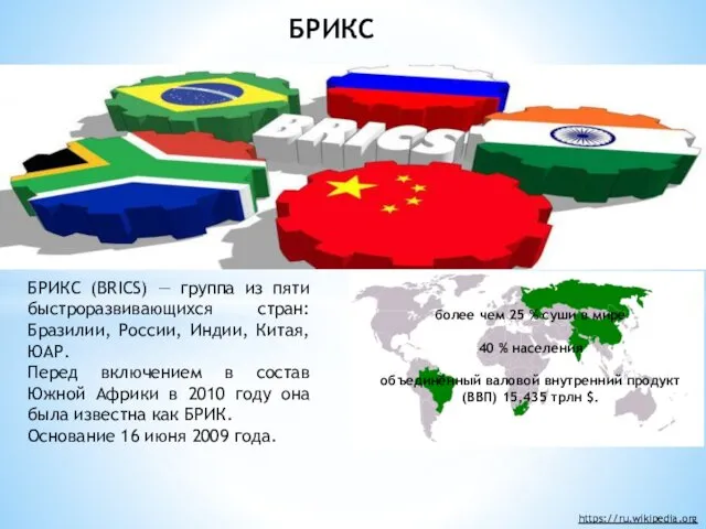 БРИКС БРИКС (BRICS) — группа из пяти быстроразвивающихся стран: Бразилии, России, Индии, Китая,