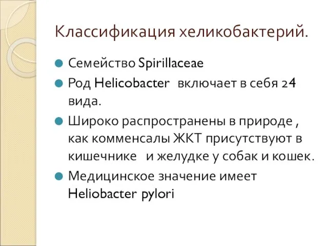 Классификация хеликобактерий. Семейство Spirillaceae Род Helicobacter включает в себя 24 вида. Широко распространены
