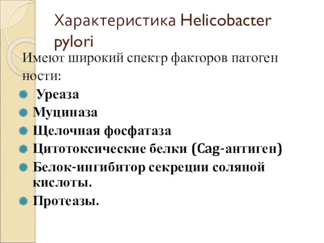 Характеристика Helicobacter pylori Имеют широкий спектр факторов патоген ности: Уреаза Муциназа Щелочная фосфатаза