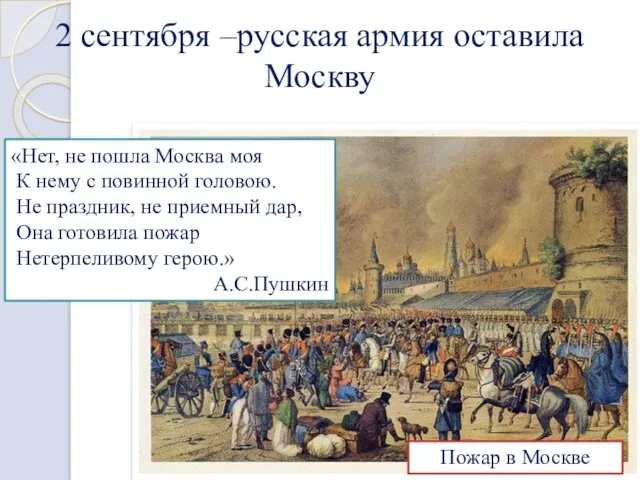 2 сентября –русская армия оставила Москву Пожар в Москве «Нет,