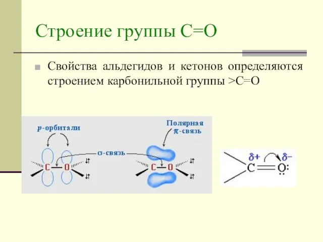 Строение группы С=О Свойства альдегидов и кетонов определяются строением карбонильной группы >C=O