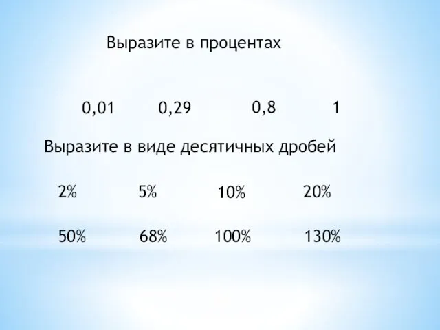 Выразите в процентах 0,01 0,29 0,8 1 Выразите в виде десятичных дробей 2%