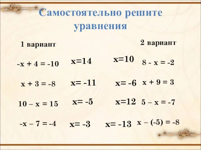 Самостоятельно решите уравнения 1 вариант -x + 4 = -10