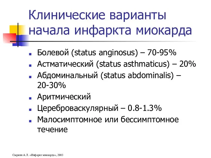 Сыркин А.Л. «Инфаркт миокарда», 2003 Болевой (status anginosus) – 70-95%