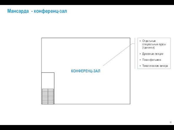 КОНФЕРЕНЦ-ЗАЛ Отдельные специальные курсы (тренинги) Духовные лекции Показ фильмов Тематические вечера Мансарда - конференц-зал