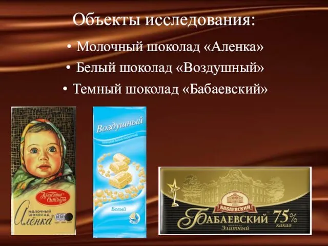 Объекты исследования: Молочный шоколад «Аленка» Белый шоколад «Воздушный» Темный шоколад «Бабаевский»