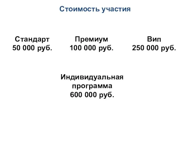 Стоимость участия Стандарт 50 000 руб. Премиум 100 000 руб. Вип 250 000