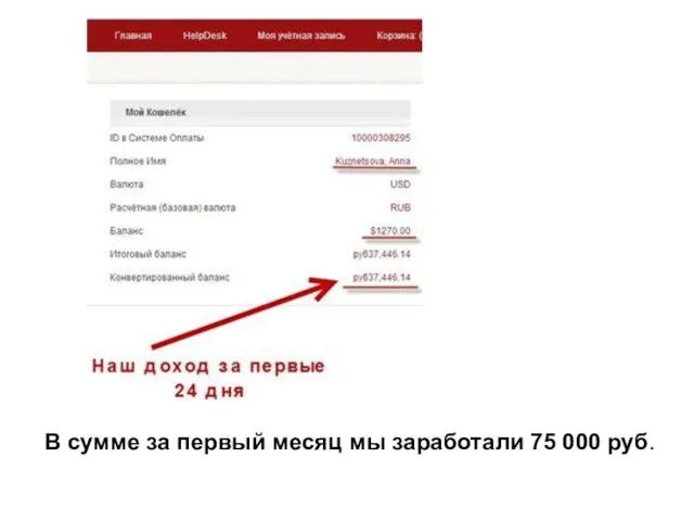 В сумме за первый месяц мы заработали 75 000 руб.