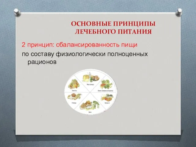 ОСНОВНЫЕ ПРИНЦИПЫ ЛЕЧЕБНОГО ПИТАНИЯ 2 принцип: сбалансированность пищи по составу физиологически полноценных рационов