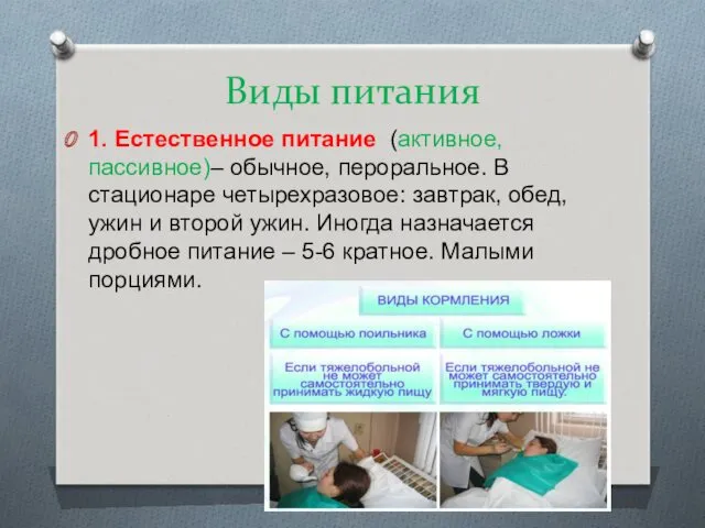 Виды питания 1. Естественное питание (активное, пассивное)– обычное, пероральное. В