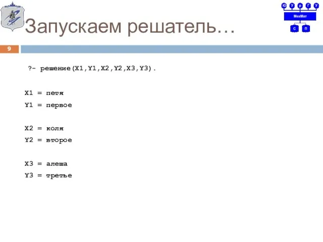 Запускаем решатель… ?- решение(X1,Y1,X2,Y2,X3,Y3). X1 = петя Y1 = первое