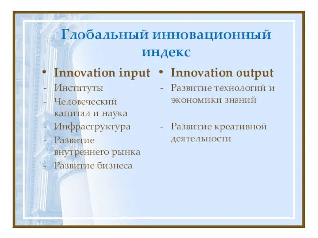 Глобальный инновационный индекс Innovation input Институты Человеческий капитал и наука Инфраструктура Развитие внутреннего