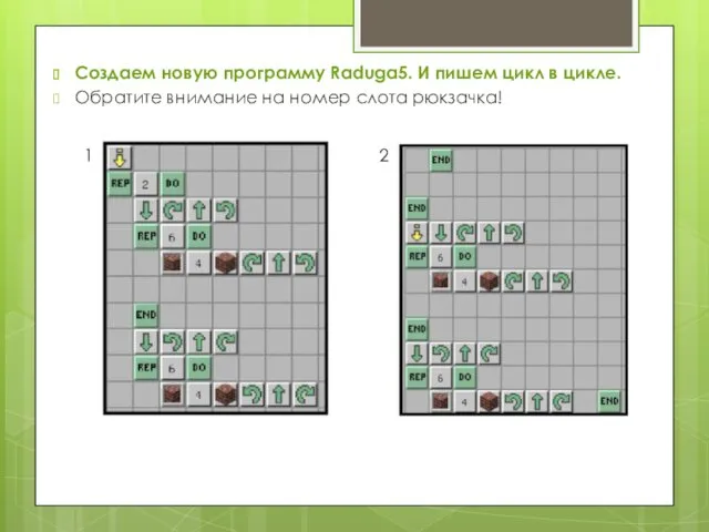 Создаем новую программу Raduga5. И пишем цикл в цикле. Обратите