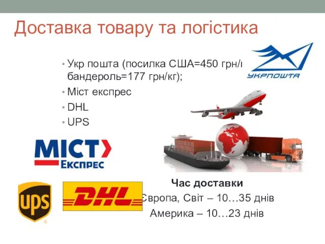 Доставка товару та логістика Укр пошта (посилка США=450 грн/кг; бандероль=177