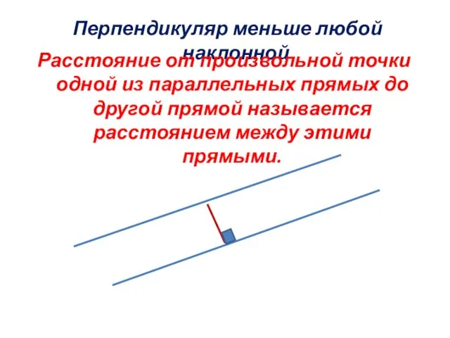 Перпендикуляр меньше любой наклонной Расстояние от произвольной точки одной из