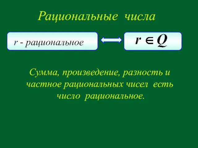 Сумма, произведение, разность и частное рациональных чисел есть число рациональное. Рациональные числа