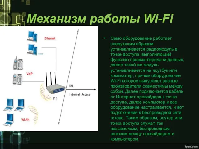 Механизм работы Wi-Fi Само оборудование работает следующим образом: устанавливается радиомодуль