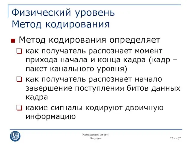 Компьютерные сети Введение из 32 Физический уровень Метод кодирования Метод