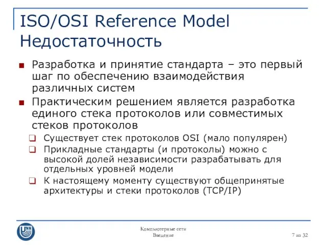 Компьютерные сети Введение из 32 ISO/OSI Reference Model Недостаточность Разработка