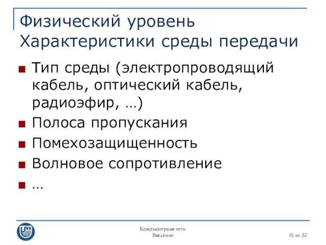 Компьютерные сети Введение из 32 Физический уровень Характеристики среды передачи