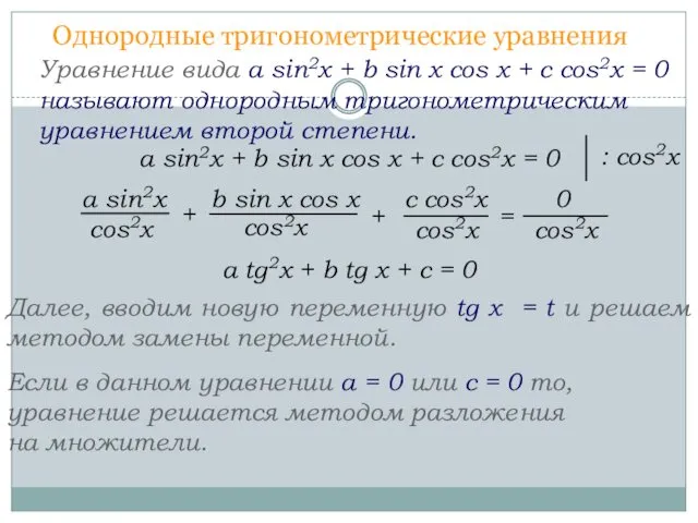 Однородные тригонометрические уравнения a sin2x + b sin x cos