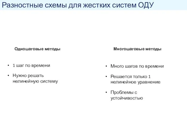 Разностные схемы для жестких систем ОДУ Одношаговые методы Многошаговые методы