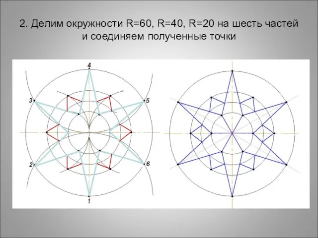 2. Делим окружности R=60, R=40, R=20 на шесть частей и соединяем полученные точки