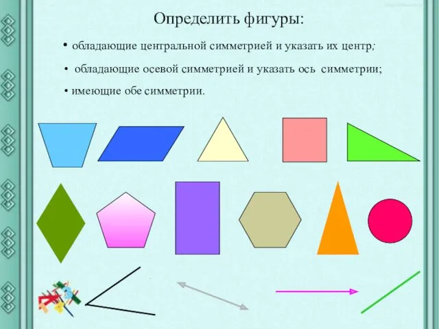 Определить фигуры: обладающие центральной симметрией и указать их центр; обладающие осевой симметрией и