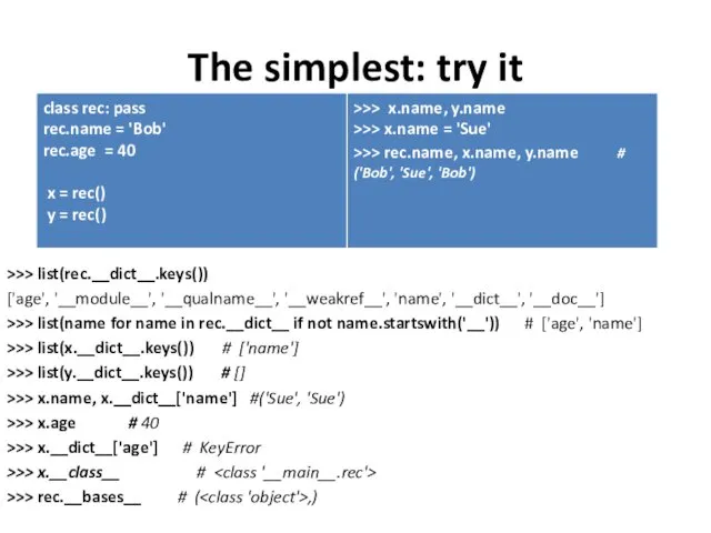 The simplest: try it >>> list(rec.__dict__.keys()) ['age', '__module__', '__qualname__', '__weakref__',