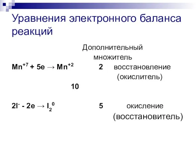 Уравнения электронного баланса реакций Дополнительный множитель Mn+7 + 5е →