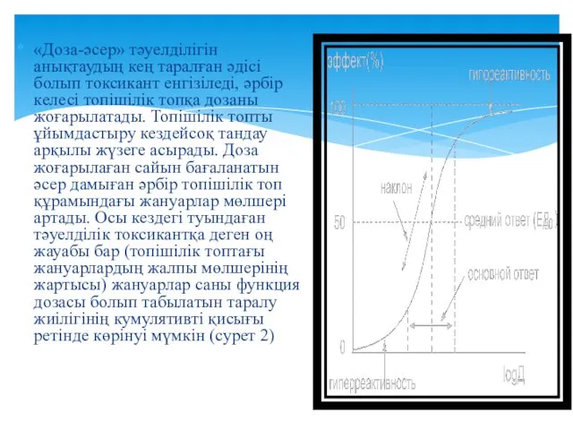 «Доза-әсер» тәуелділігін анықтаудың кең таралған әдісі болып токсикант енгізіледі, әрбір