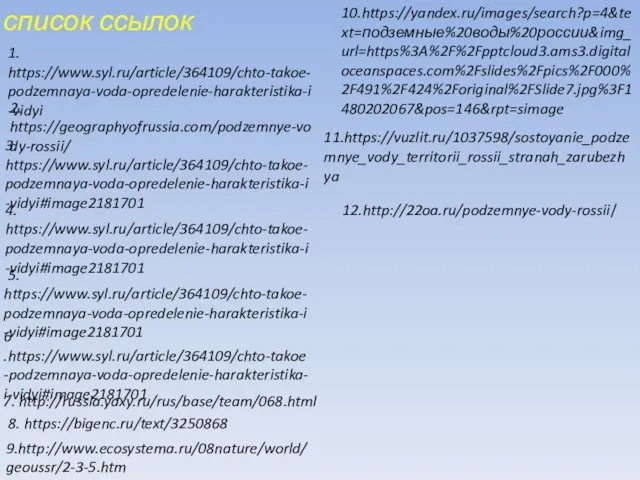 1. https://www.syl.ru/article/364109/chto-takoe-podzemnaya-voda-opredelenie-harakteristika-i-vidyi 2. https://geographyofrussia.com/podzemnye-vody-rossii/ 3. https://www.syl.ru/article/364109/chto-takoe-podzemnaya-voda-opredelenie-harakteristika-i-vidyi#image2181701 4. https://www.syl.ru/article/364109/chto-takoe-podzemnaya-voda-opredelenie-harakteristika-i-vidyi#image2181701 5. https://www.syl.ru/article/364109/chto-takoe-podzemnaya-voda-opredelenie-harakteristika-i-vidyi#image2181701 6 .https://www.syl.ru/article/364109/chto-takoe-podzemnaya-voda-opredelenie-harakteristika-i-vidyi#image2181701 7.