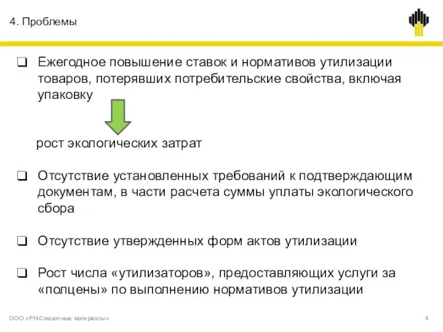 4. Проблемы ООО «РН-Смазочные материалы» 4 Ежегодное повышение ставок и