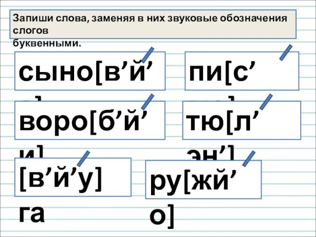 Запиши слова, заменяя в них звуковые обозначения слогов буквенными. сыно[в’й’а] воро[б’й’и] пи[с’мо] [в’й’у] га тю[л’эн’] ру[жй’о]