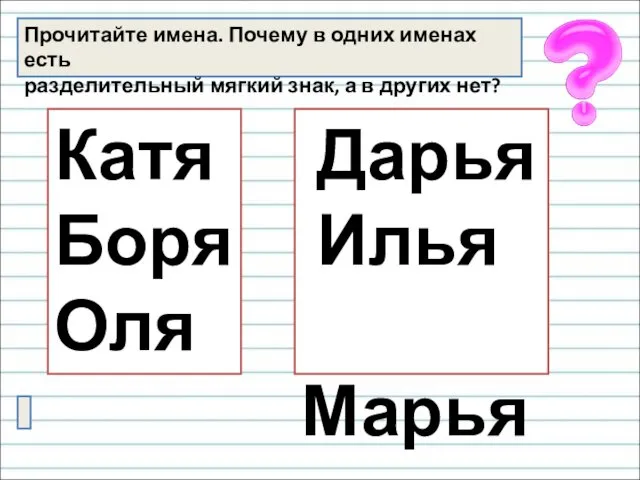 Прочитайте имена. Почему в одних именах есть разделительный мягкий знак,