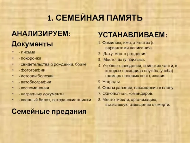 1. СЕМЕЙНАЯ ПАМЯТЬ АНАЛИЗИРУЕМ: Документы - письма - похоронки -