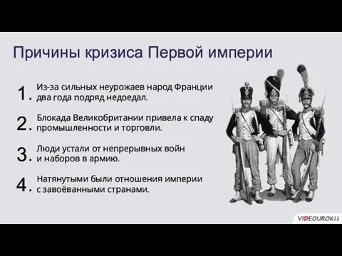 Причины кризиса Первой империи 1. 2. 3. 4. Из-за сильных неурожаев народ Франции