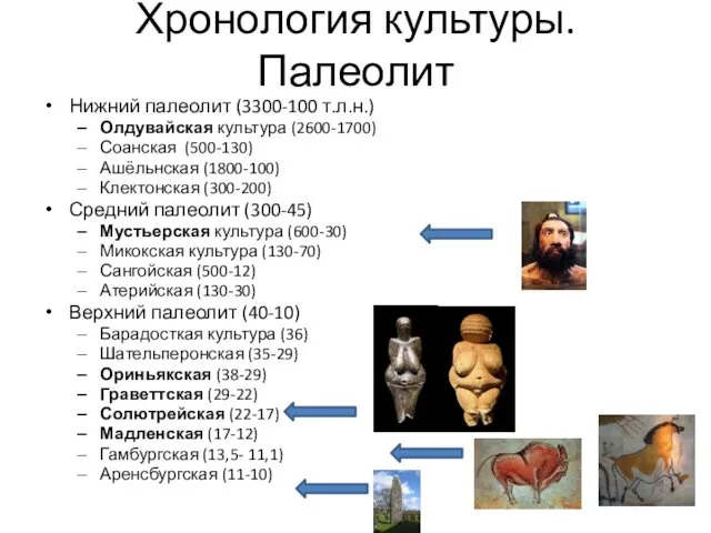 Хронология культуры. Палеолит Нижний палеолит (3300-100 т.л.н.) Олдувайская культура (2600-1700)